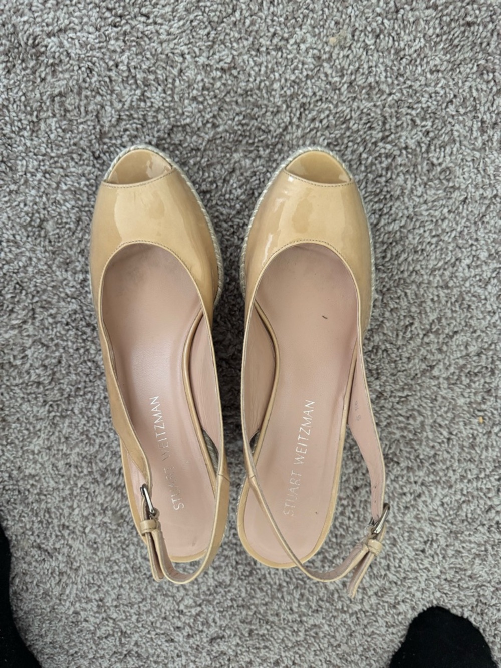 Stuart Weitzman Nude Patent Peep-Toe Slingback Wedges